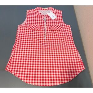 Bulotus Womens Red Gingham Sleeveless Tunic Top Quarter‎ Zip Blouse Medium NWT